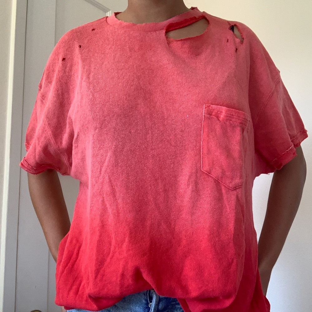 Free people red distressed oversized T-shirt